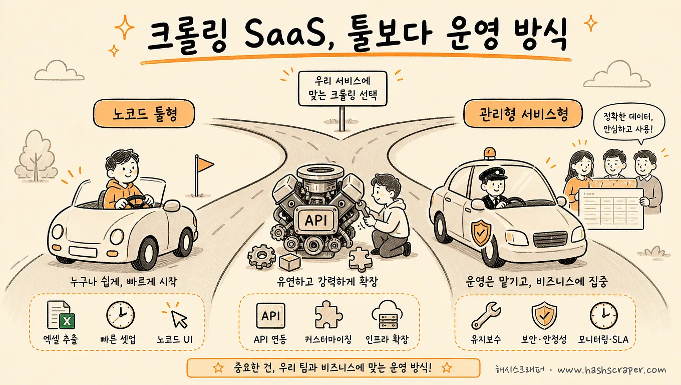크롤링 SaaS, 툴보다 운영 방식 — 직접 운전(노코드), 엔진 조립(API 인프라), 기사 딸린 차(관리형)