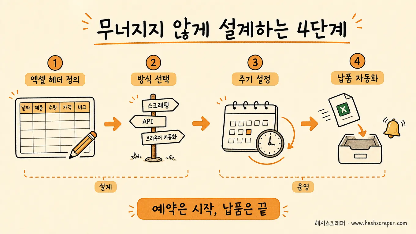 무너지지 않는 자동화 설계 4단계 — 엑셀 헤더 정의·방식 선택·주기 설정·납품 자동화